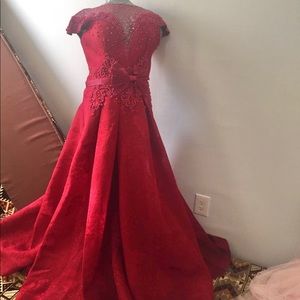 Deep red off-shoulder prom dress